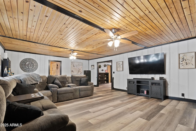 living room with wooden ceiling, light wood-type flooring, and ceiling fan