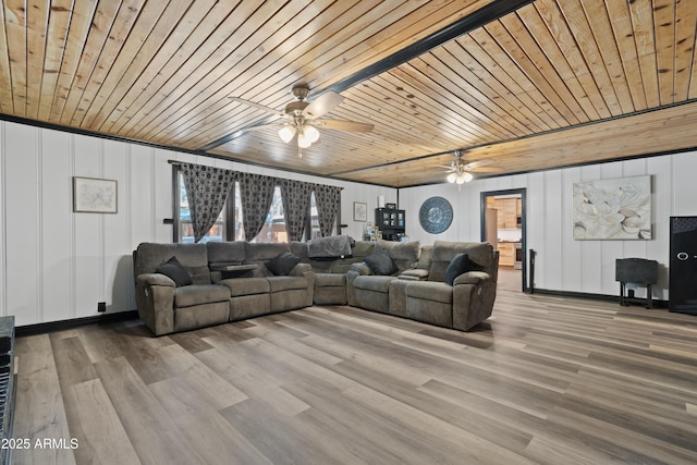 living room with wood ceiling and wood finished floors