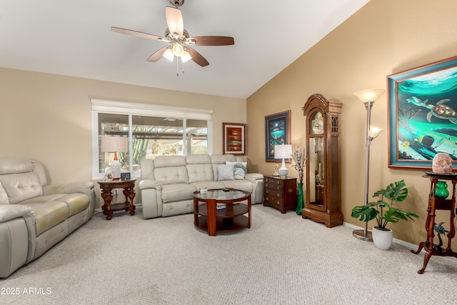 carpeted living room with vaulted ceiling and ceiling fan