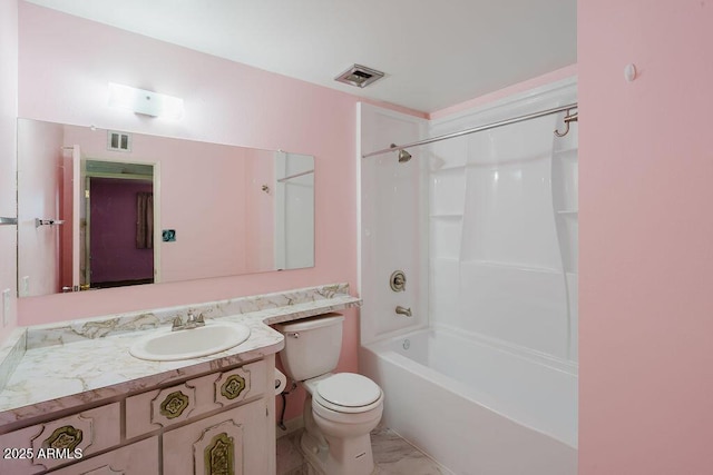 full bath featuring visible vents, toilet, marble finish floor, and vanity