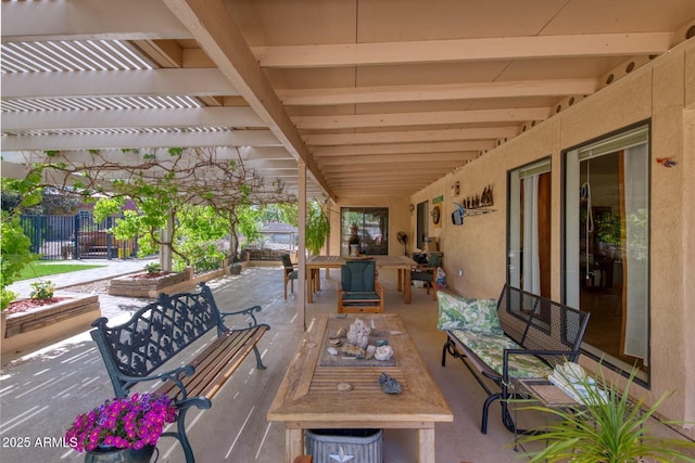 view of patio / terrace with a pergola, an outdoor hangout area, outdoor dining space, and fence