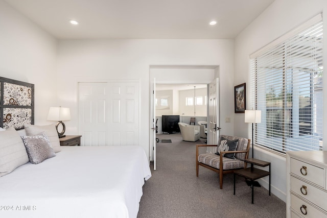 bedroom with multiple windows, a closet, and carpet floors