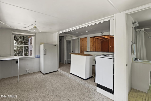 kitchen with freestanding refrigerator and a sink