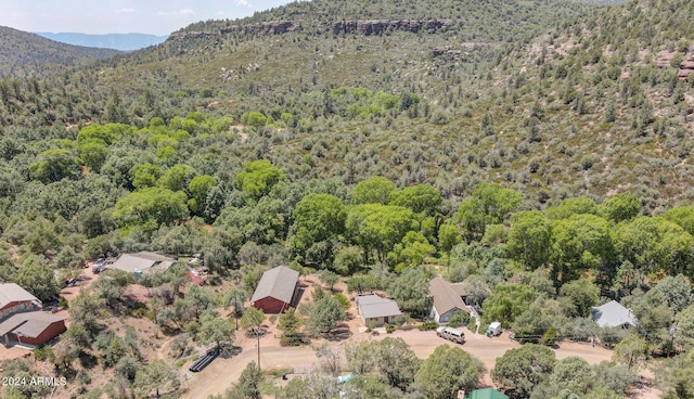 birds eye view of property featuring a mountain view and a forest view