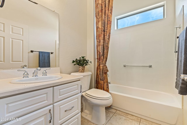 bathroom with toilet, tile patterned flooring, shower / bathtub combination with curtain, and vanity