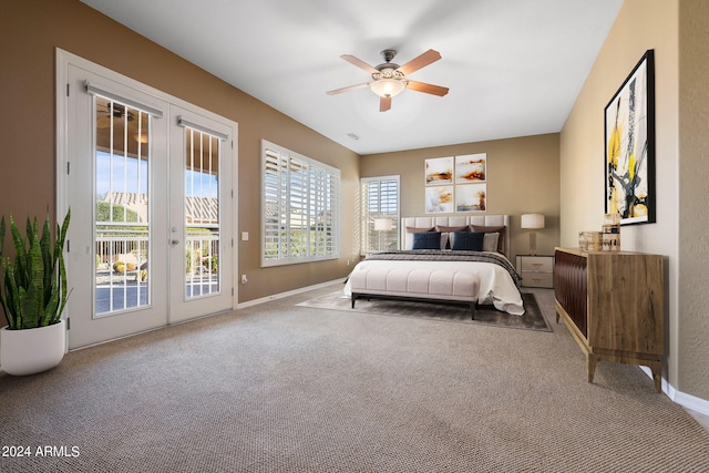 bedroom featuring french doors, access to exterior, ceiling fan, and carpet floors