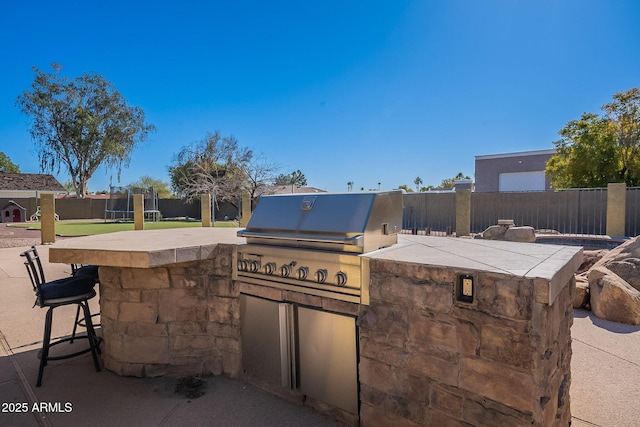 view of patio / terrace featuring grilling area, exterior kitchen, an outdoor bar, and a trampoline