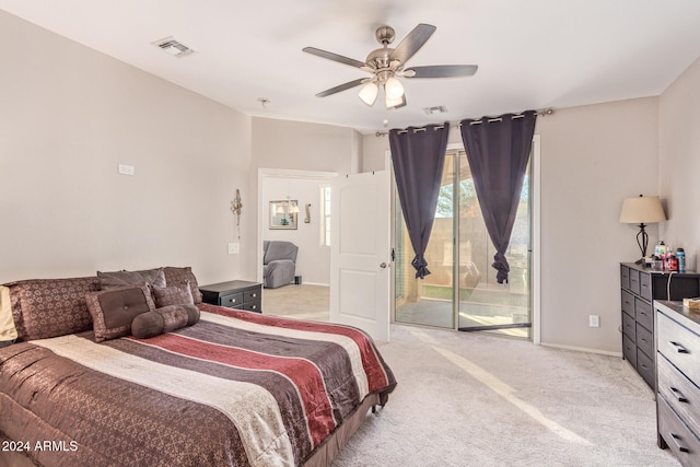 bedroom featuring ceiling fan, access to exterior, and light carpet