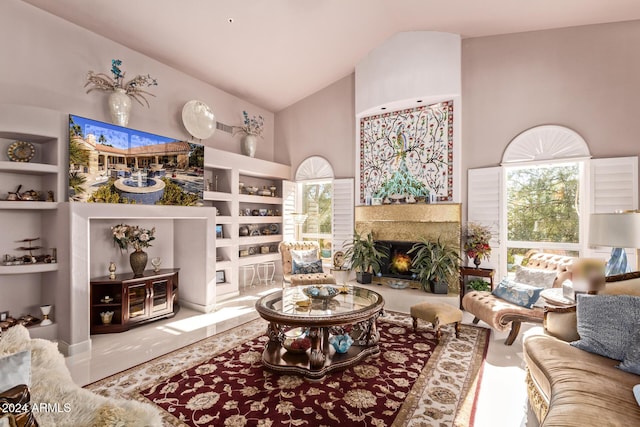 living room with built in shelves and high vaulted ceiling