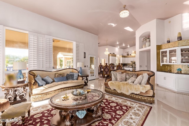 living room with lofted ceiling