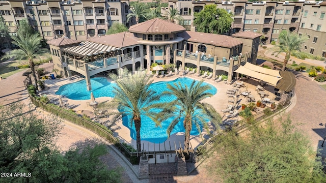 view of swimming pool with a gazebo and a patio area