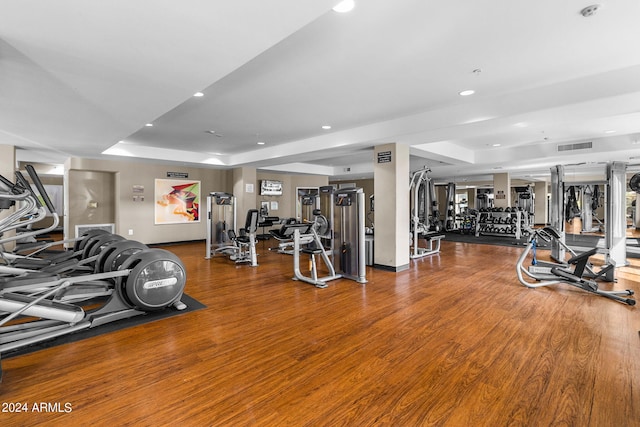 exercise room featuring wood-type flooring and a tray ceiling