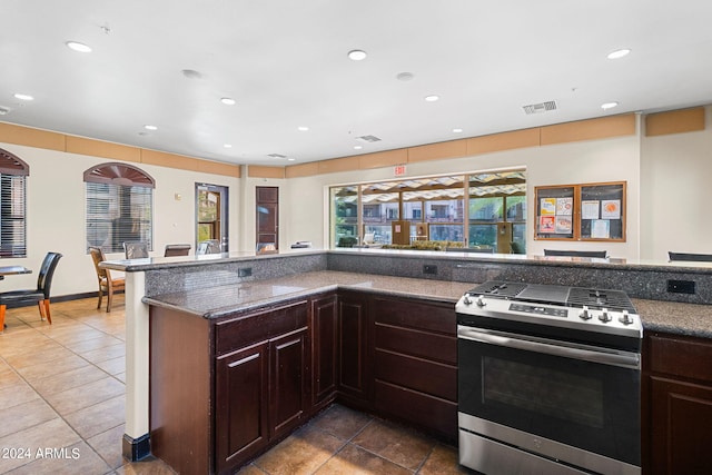 kitchen featuring dark brown cabinetry, stainless steel range oven, and a wealth of natural light