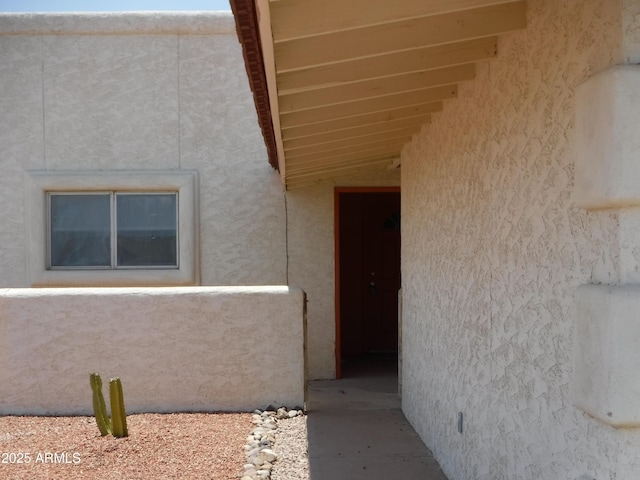 doorway to property featuring stucco siding