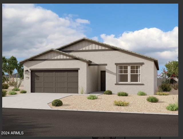 single story home with a garage, concrete driveway, and stucco siding