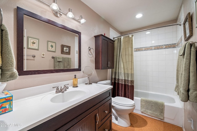 3384 Turkey Run, Overgaard, AZ 85933 - bathroom with toilet, vanity, shower / tub combo with curtain, and recessed lighting