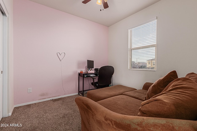 home office with carpet and ceiling fan