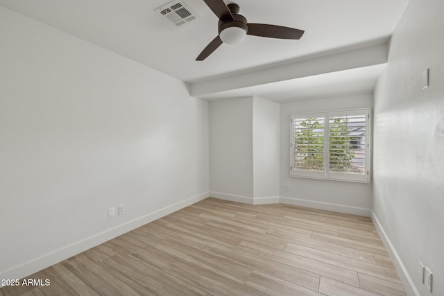 unfurnished room with a ceiling fan, visible vents, light wood-style flooring, and baseboards