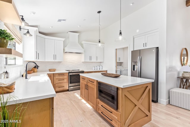 kitchen featuring visible vents, radiator, appliances with stainless steel finishes, custom exhaust hood, and a sink