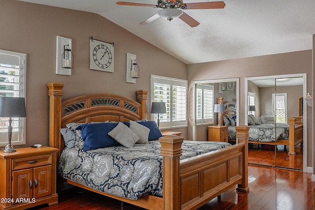 bedroom featuring ceiling fan, lofted ceiling, wood-type flooring, and two closets