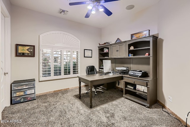 home office featuring carpet and ceiling fan