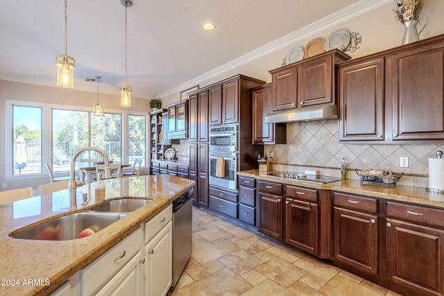 kitchen with sink, hanging light fixtures, stainless steel appliances, crown molding, and decorative backsplash