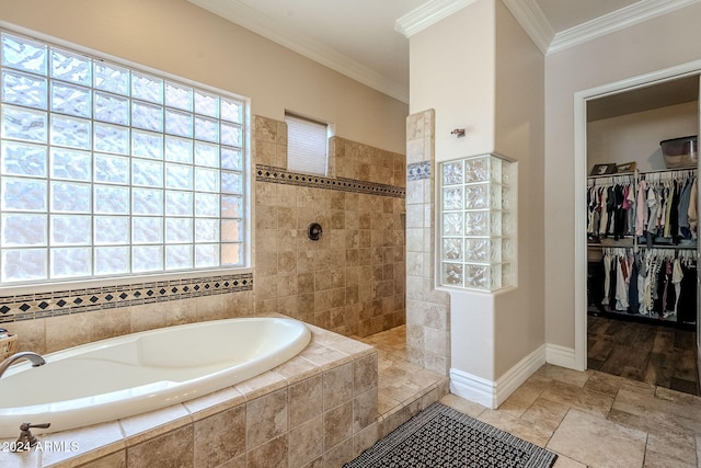 bathroom with plus walk in shower and ornamental molding