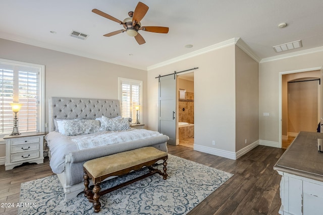 bedroom featuring a barn door, ceiling fan, dark hardwood / wood-style floors, and multiple windows