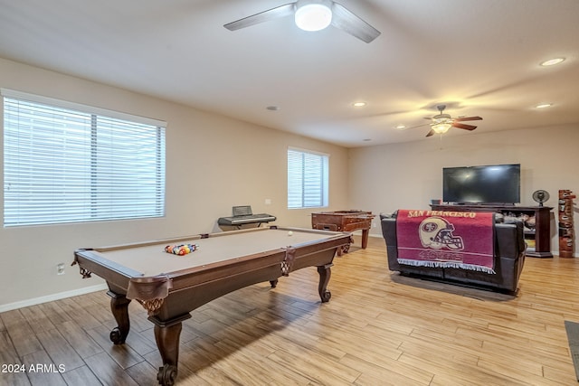 recreation room with light wood-type flooring, a wealth of natural light, and billiards