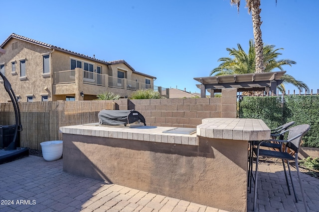 view of patio with area for grilling and an outdoor bar