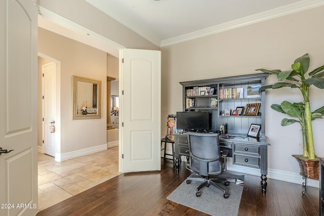 office with hardwood / wood-style flooring and crown molding