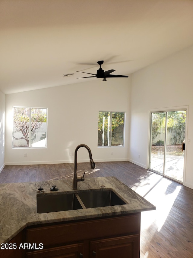 kitchen featuring light wood-type flooring, ceiling fan, a healthy amount of sunlight, and sink