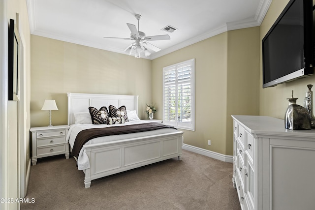 bedroom with baseboards, ornamental molding, visible vents, and light colored carpet