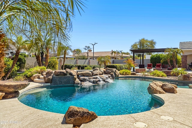 view of pool featuring fence, a fenced in pool, and a patio