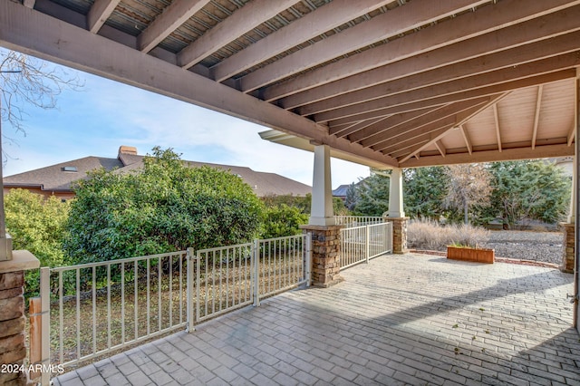 view of patio with a mountain view