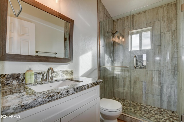 bathroom with vanity, toilet, and a shower with shower door