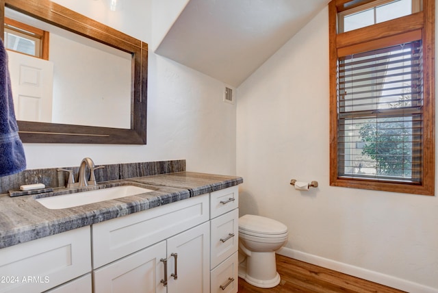 bathroom with vanity, hardwood / wood-style flooring, toilet, and lofted ceiling