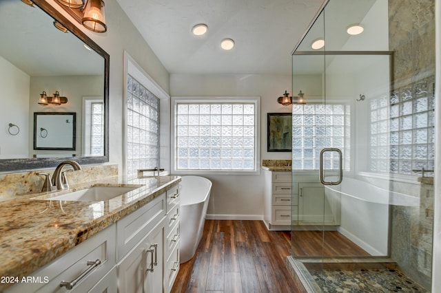 bathroom featuring a bathing tub, vanity, and wood-type flooring