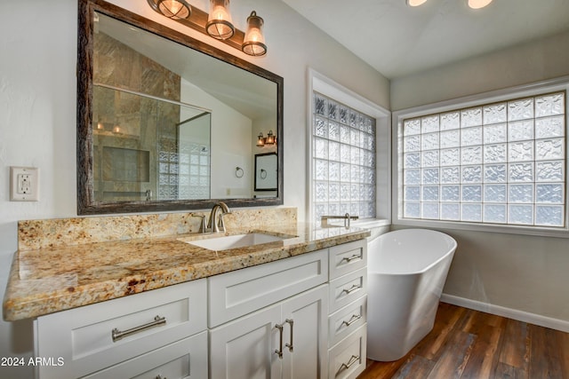 bathroom with plus walk in shower, wood-type flooring, and vanity