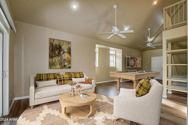 interior space featuring hardwood / wood-style flooring, ceiling fan, billiards, and vaulted ceiling