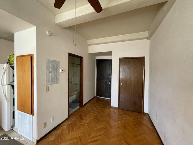 hall with electric panel, visible vents, and beam ceiling