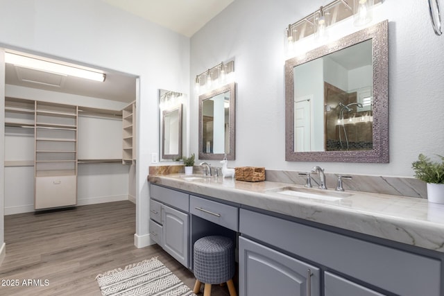 full bath with wood finished floors, a sink, baseboards, a spacious closet, and double vanity