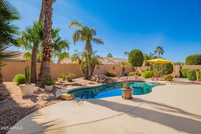 view of swimming pool featuring a fenced backyard, a fenced in pool, and a patio