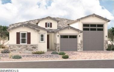 view of front facade with a garage, stone siding, and decorative driveway