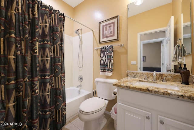 full bath featuring shower / tub combo with curtain, vanity, toilet, and tile patterned floors