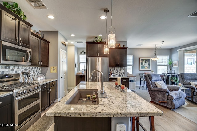 kitchen with stainless steel appliances, visible vents, open floor plan, a sink, and dark brown cabinets