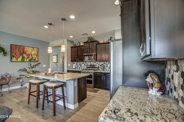 kitchen featuring dark brown cabinetry, stainless steel appliances, a sink, visible vents, and decorative backsplash