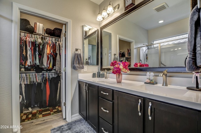 bathroom featuring a spacious closet, a sink, and visible vents