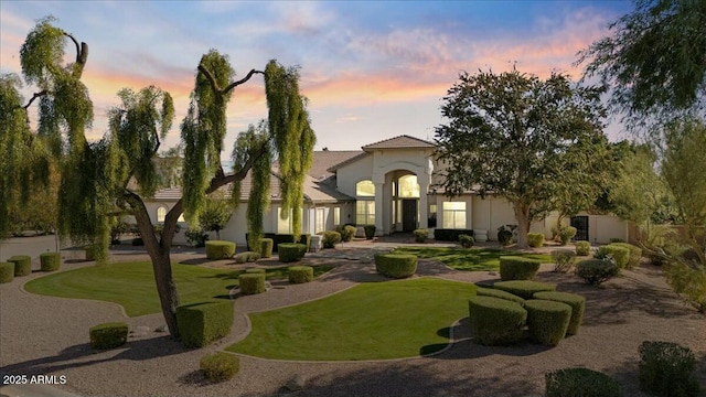 back house at dusk with a yard