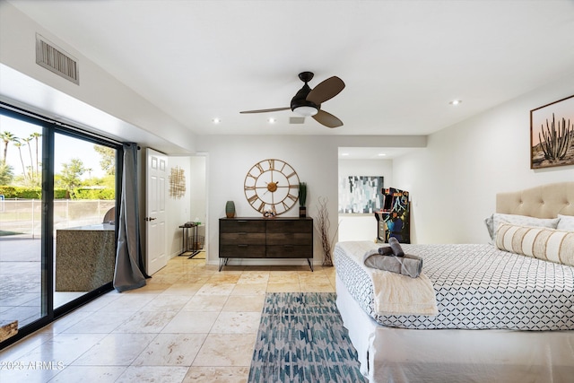 bedroom featuring ceiling fan and access to exterior